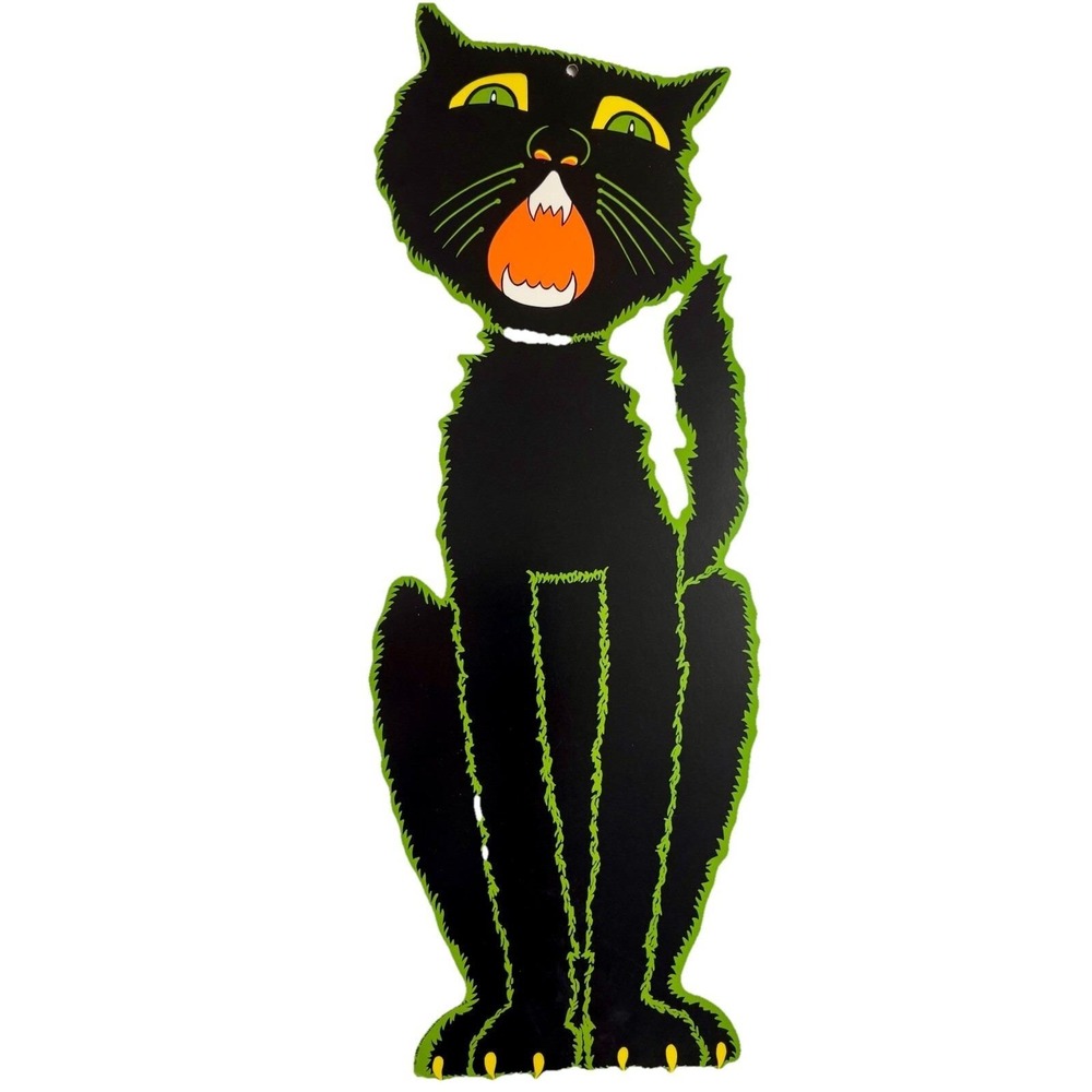 Vintage Beistle Hissing Black Cat Halloween Die Cut Decoration 23" X 9" USA
